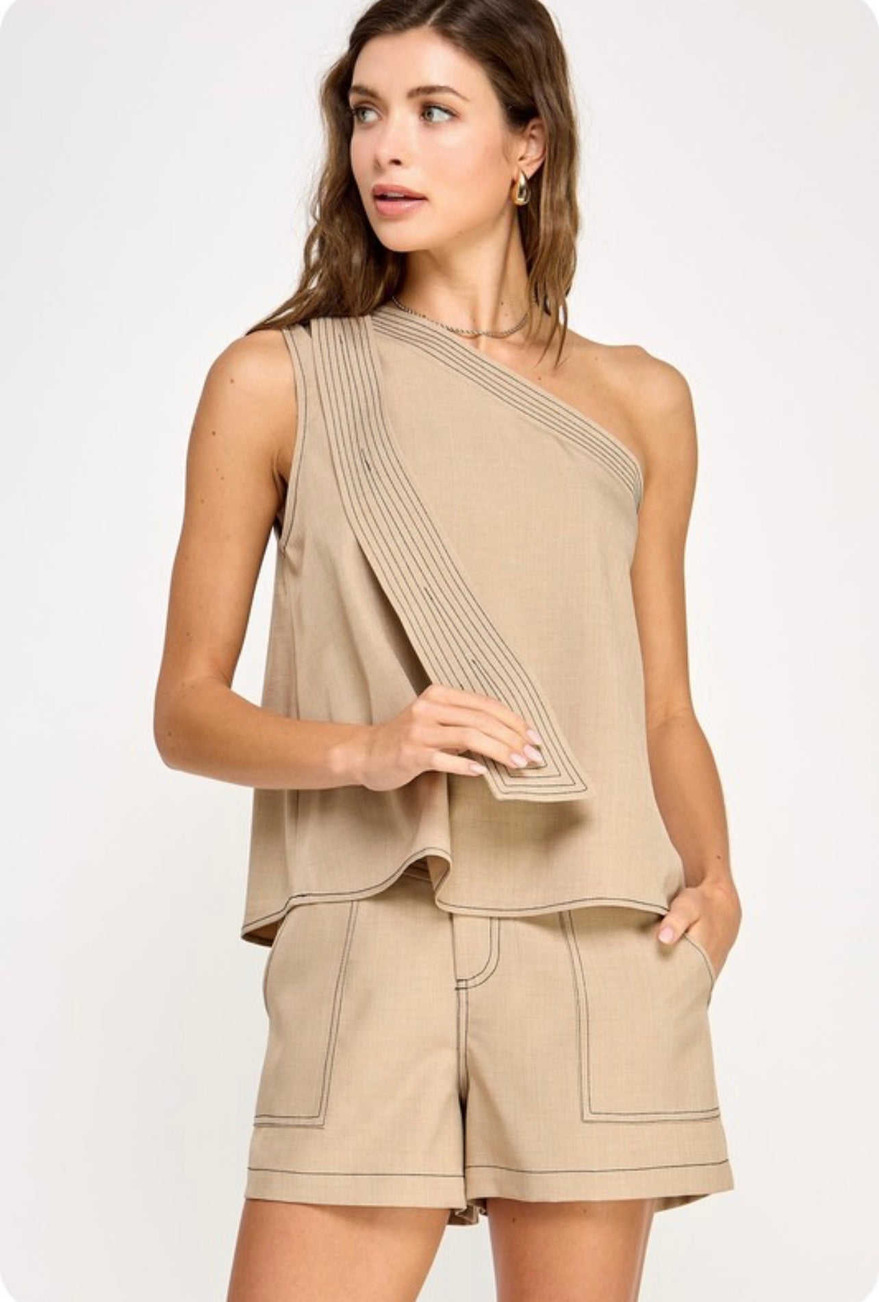 Off shoulder stitched taupe set