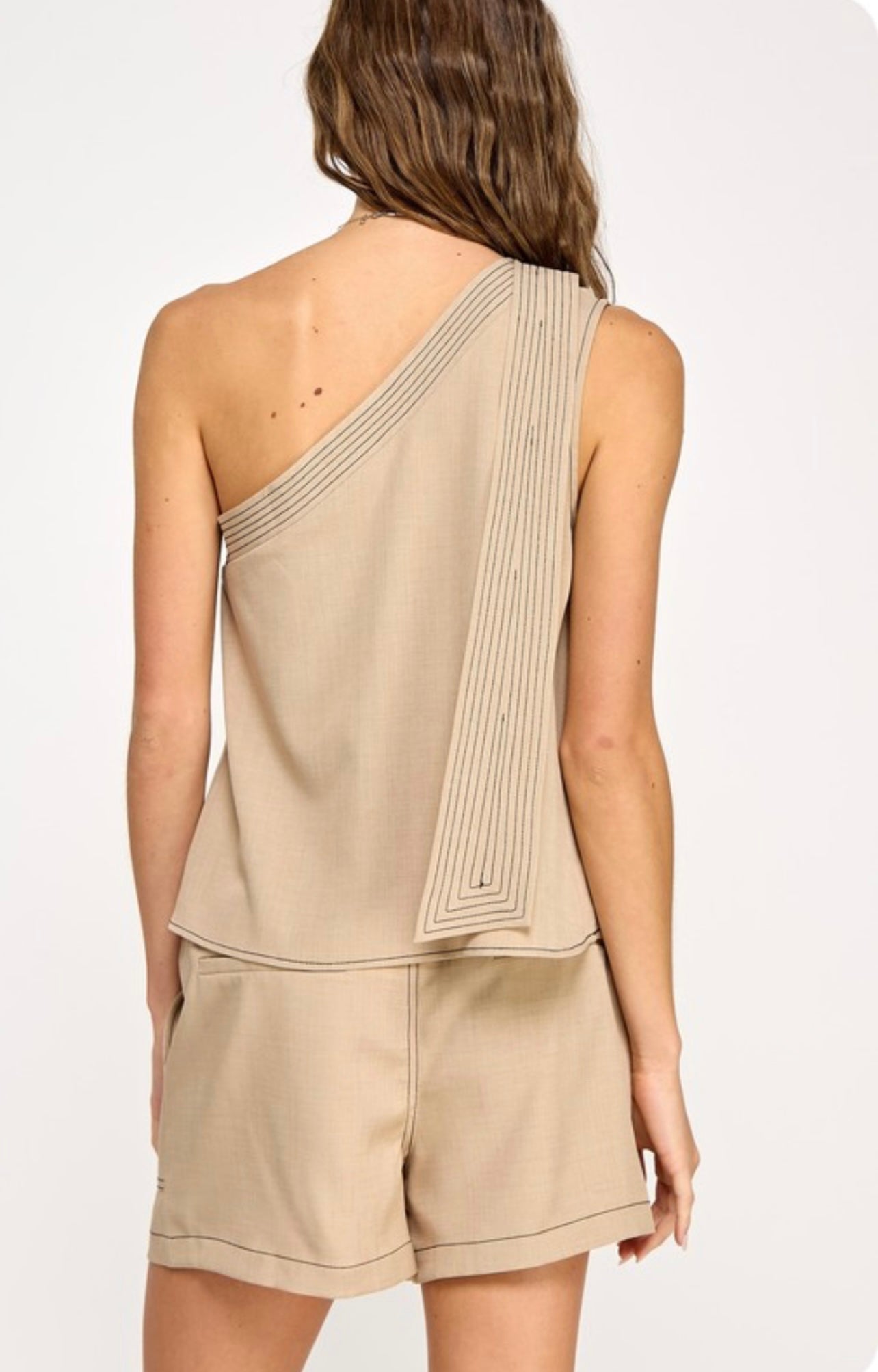 Off shoulder stitched taupe set