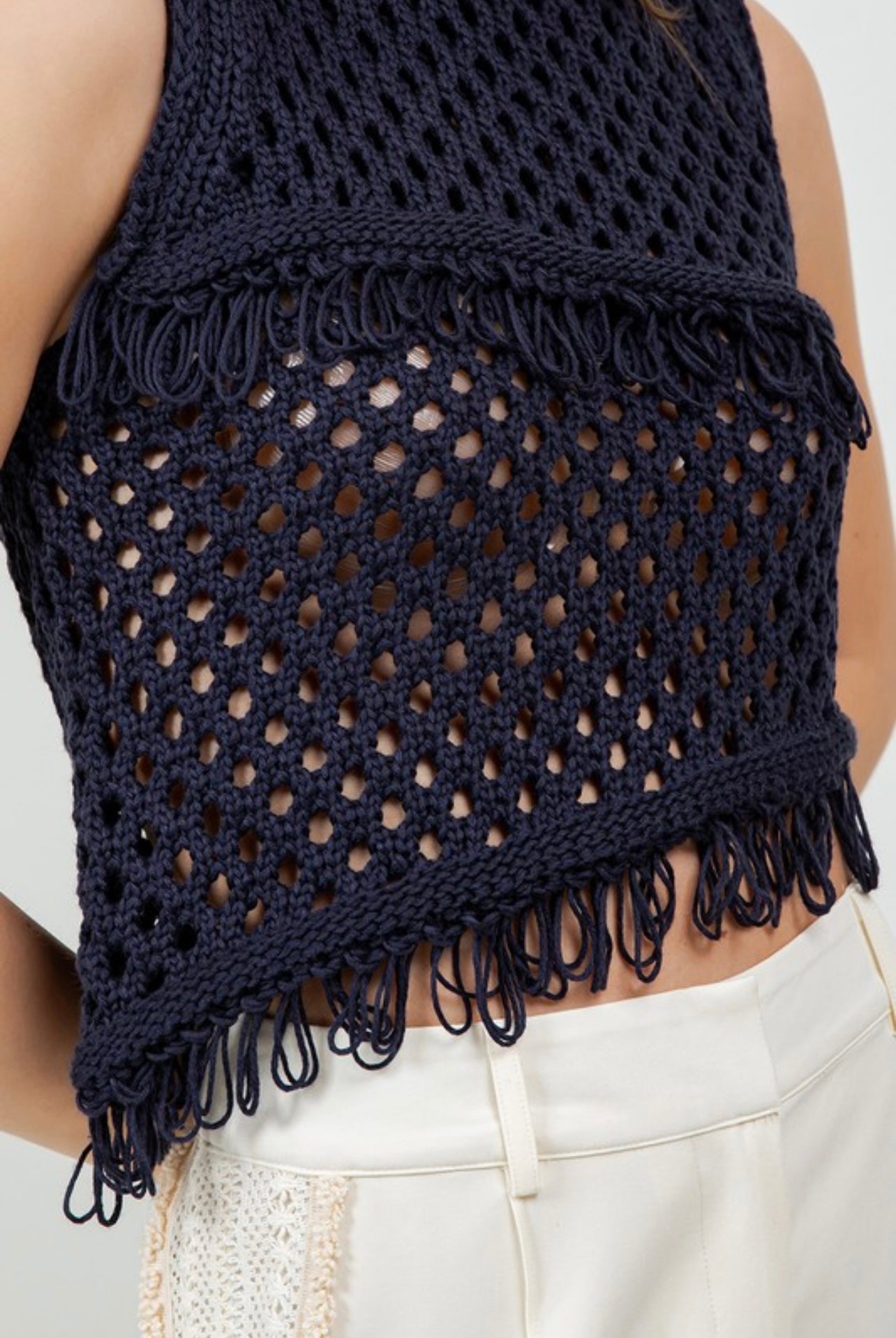 NAVY FRINGE CROCHET TOP
