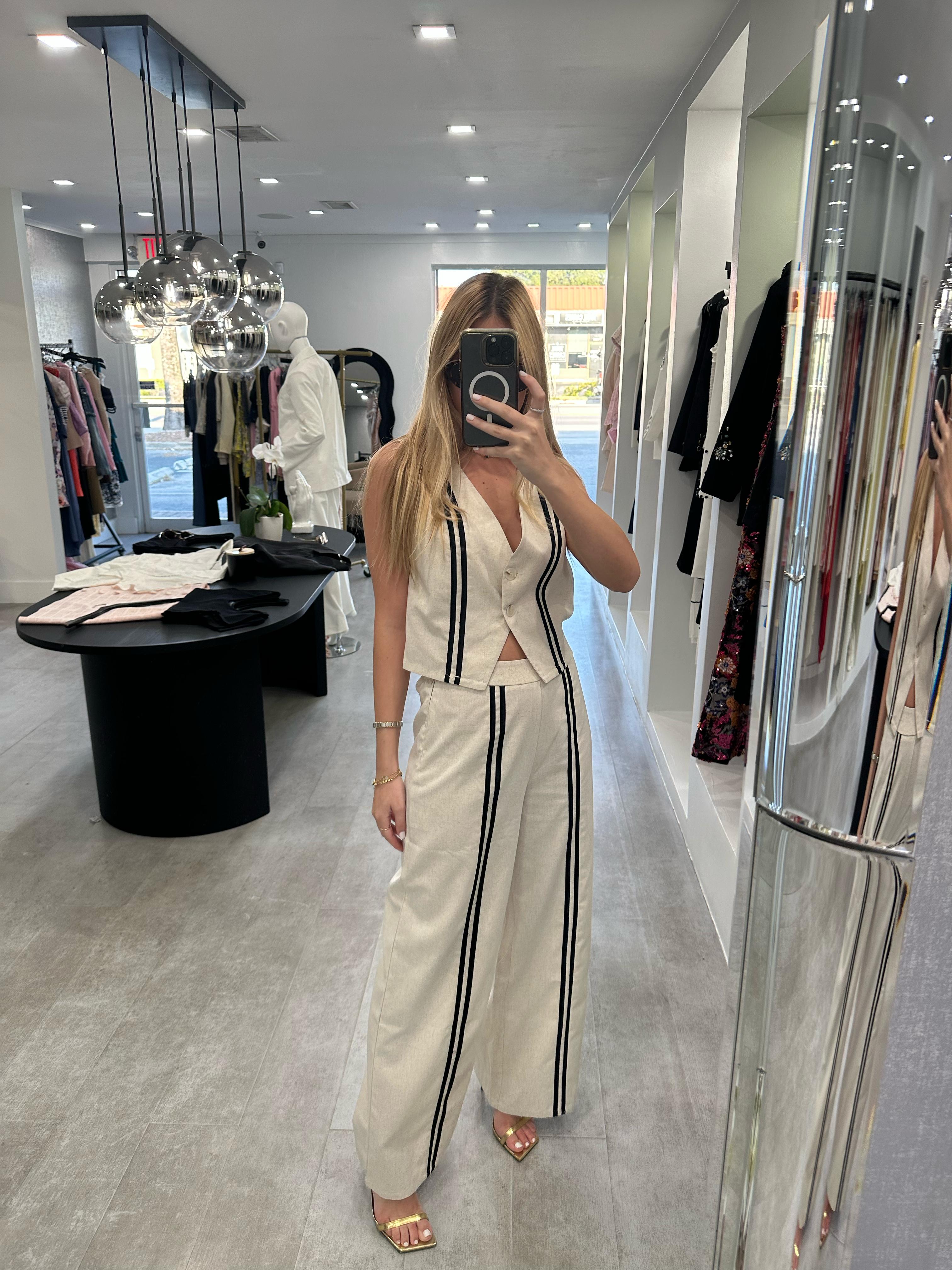 Beige stripe linen set