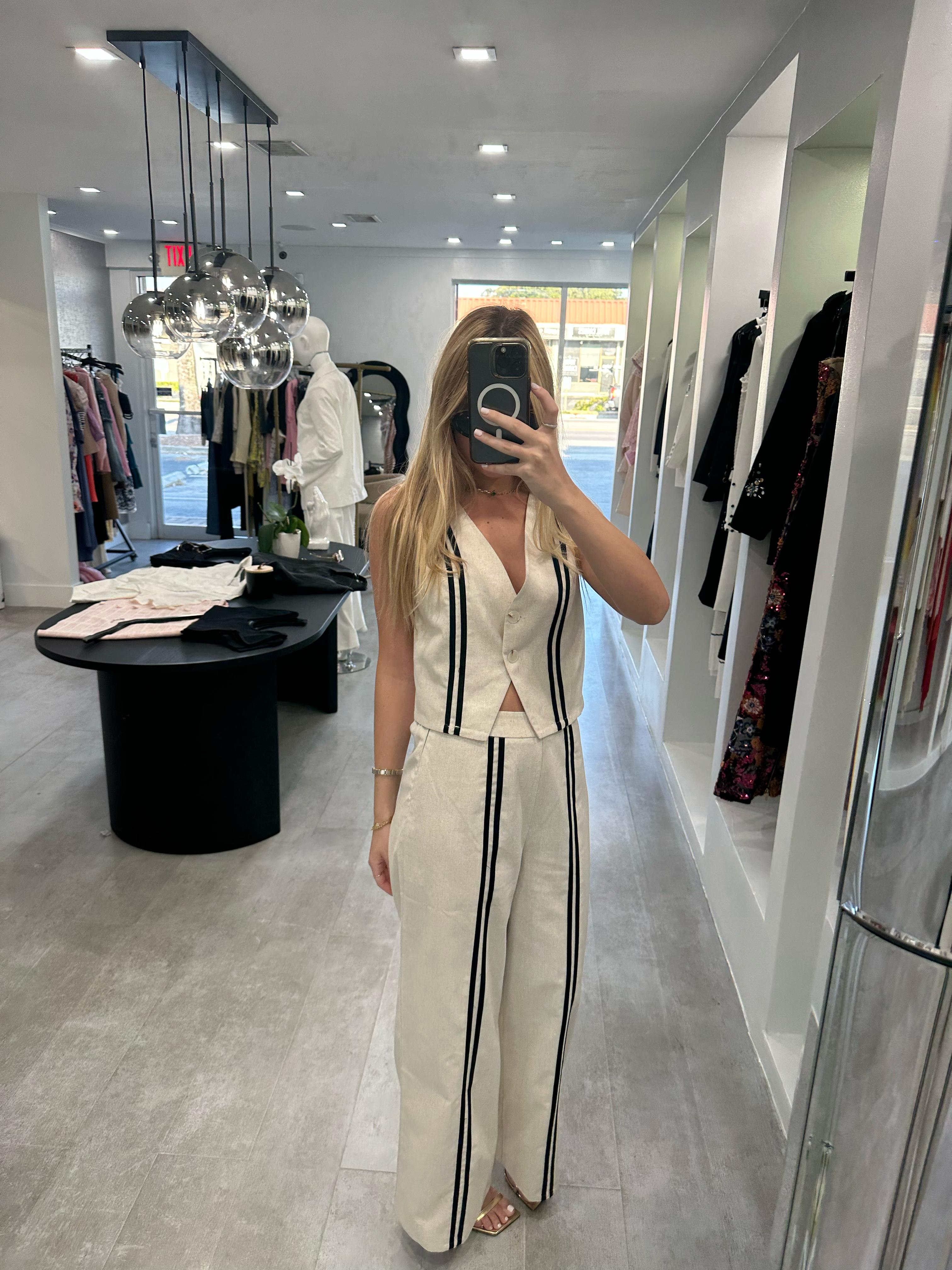 Beige stripe linen set