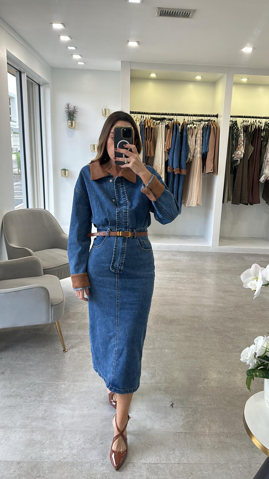 Denim suede midi dress