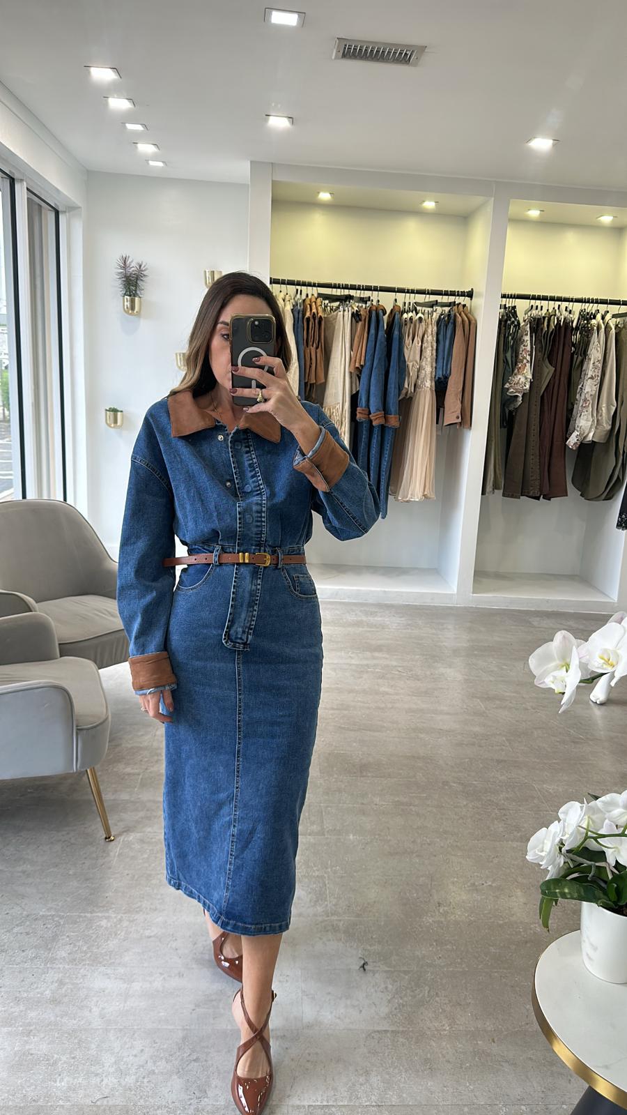 Denim suede midi dress