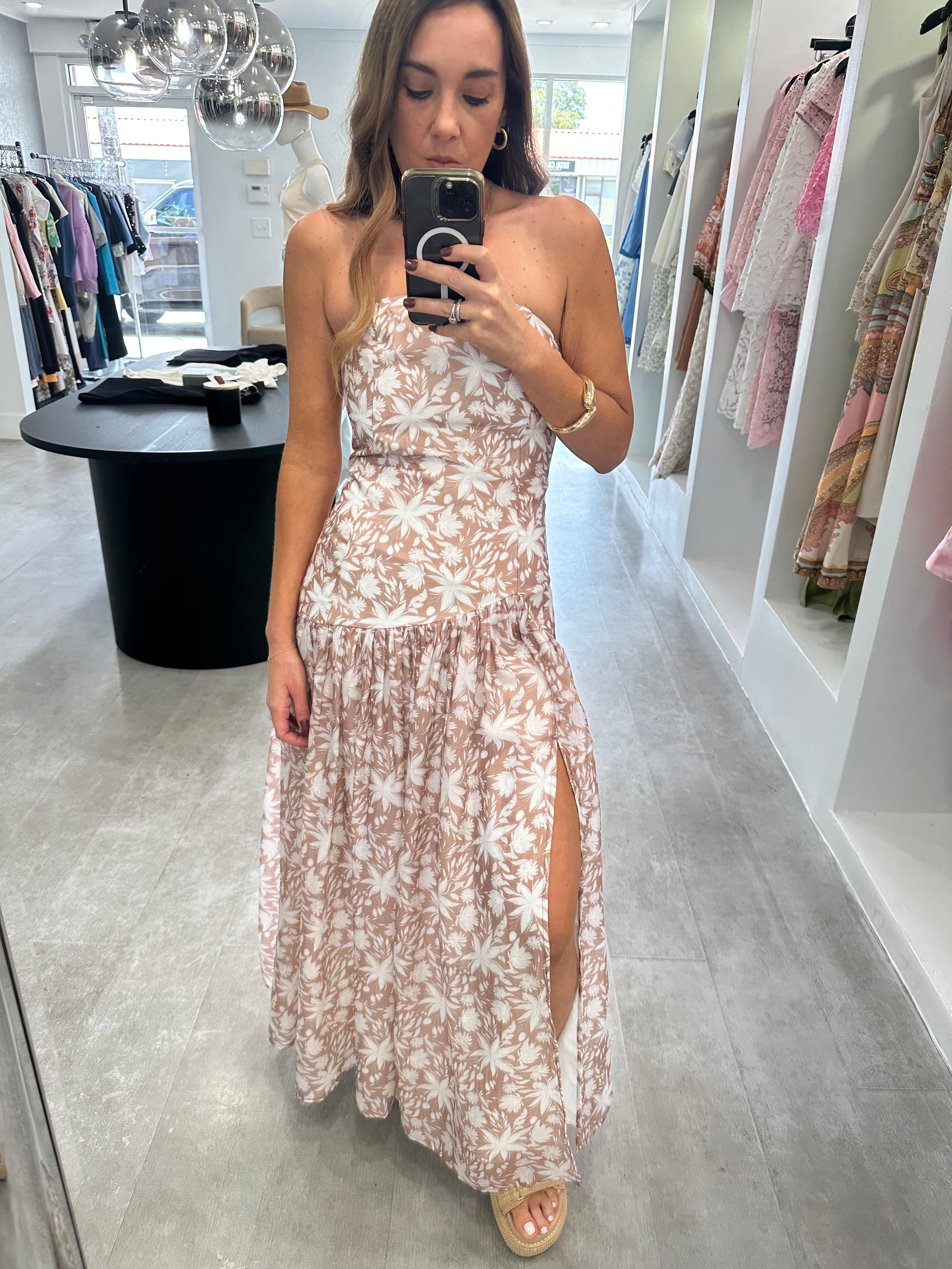 Beige print strapless dress