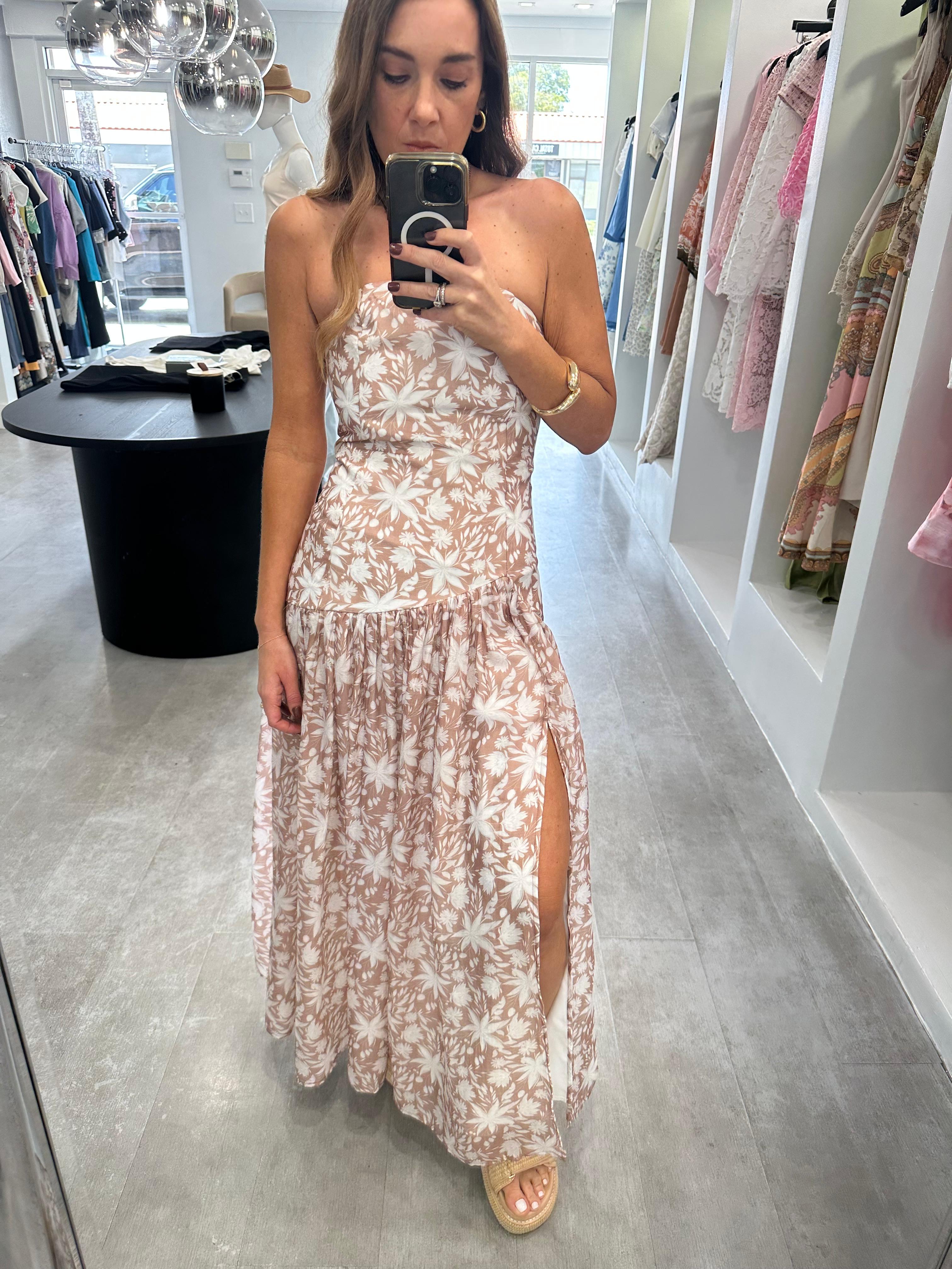 Beige print strapless dress