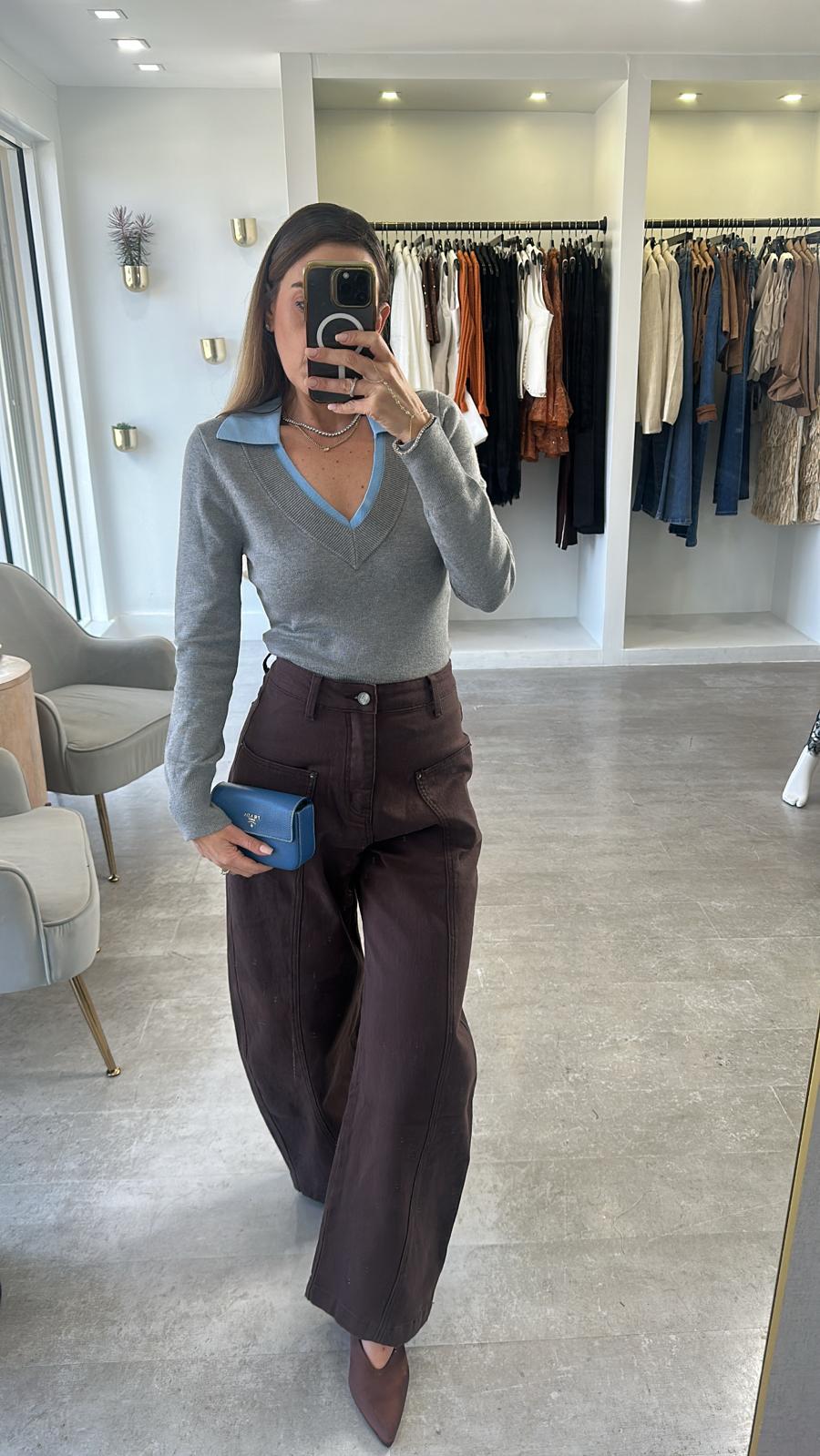 Grey blue polo top