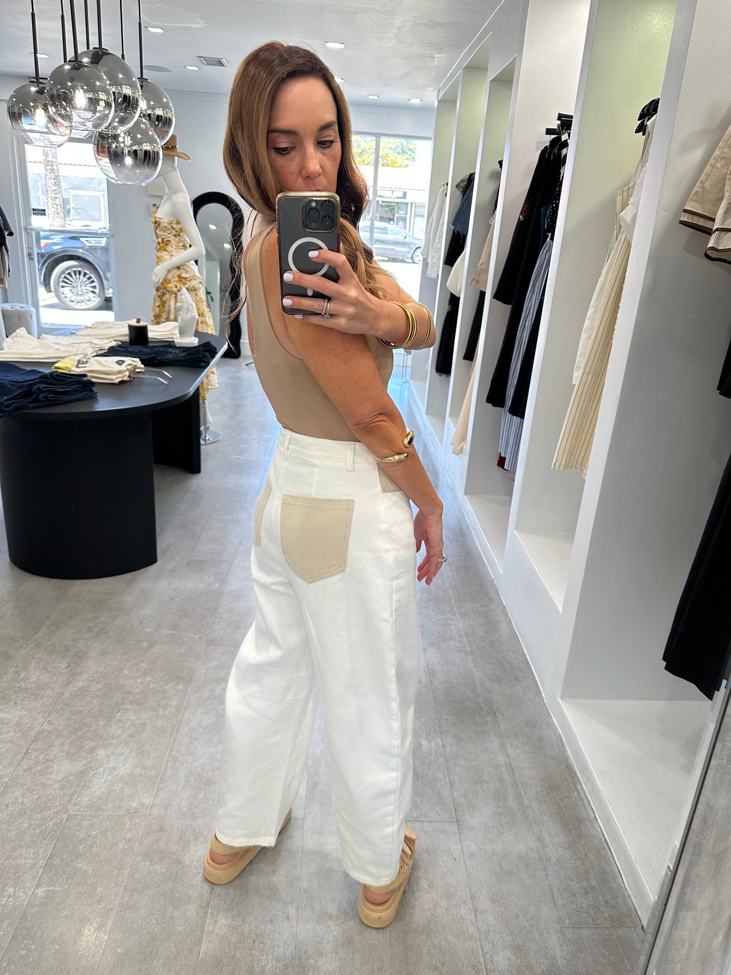 White barrel with nude pockets