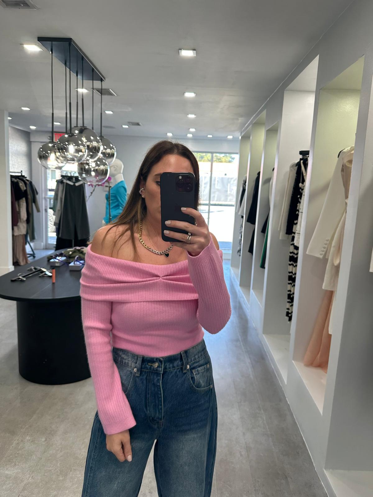 Off shoulder pink sweater top