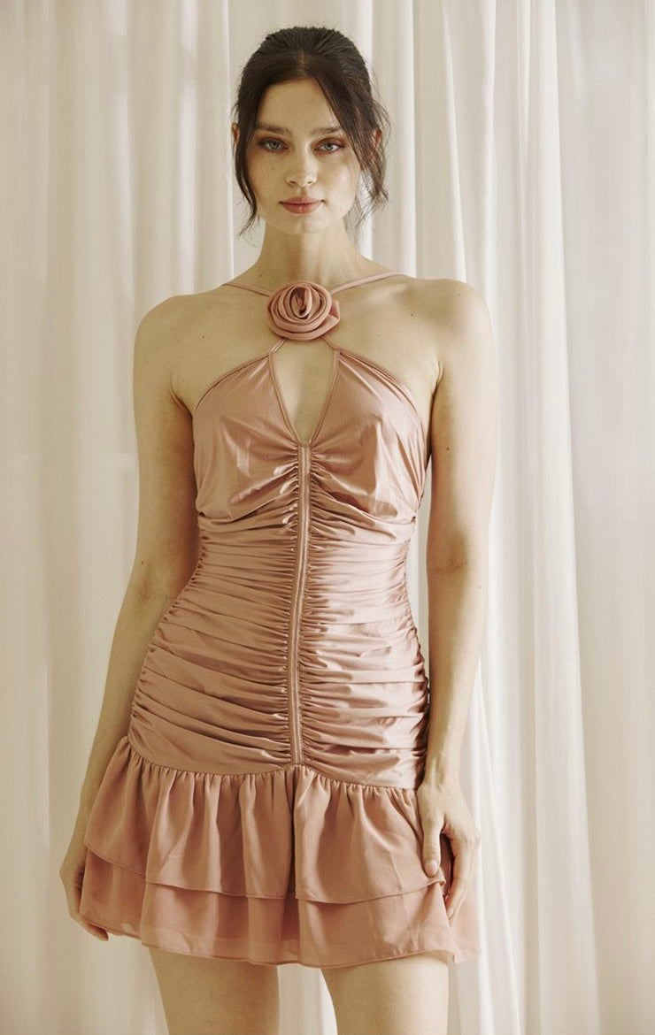 PALE PINK RUCHED ROSETTE DRESS